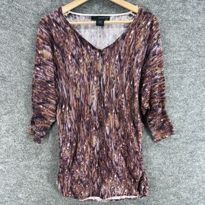 Calvin Klein Tunic Top Women M Medium Brown Geometric V-Neck 3/4 Sleeve Cotton